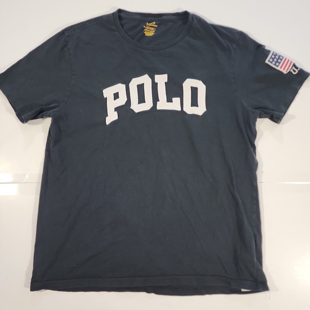 Polo Ralph Lauren T Shirt Large L Navy Blue Custom Slim Fit Spellout USA Flag